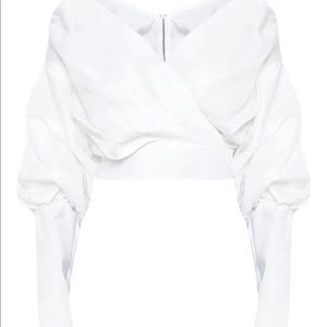 White Woven Puff Sleeve Crop Shirt